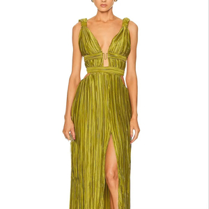 Lujo terciopelo sin mangas profundo cuello en V vestido largo Casual <span class=keywords><strong>imperio</strong></span> volantes fruncido sólido nueva <span class=keywords><strong>moda</strong></span> para Primavera Europea otoño - Product Image 1