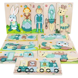 Großhandel Kinder Holz Tier Cartoon Puzzle Spielzeug 3D Puzzle Blocks Board Early Educational Toy