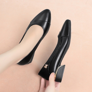 Factory Wholesale Black <b>Leather</b> <b>Pumps</b> - Gem Decor Pointed Toe Block Heel Office Daily Women's Shoes - Product Image 3