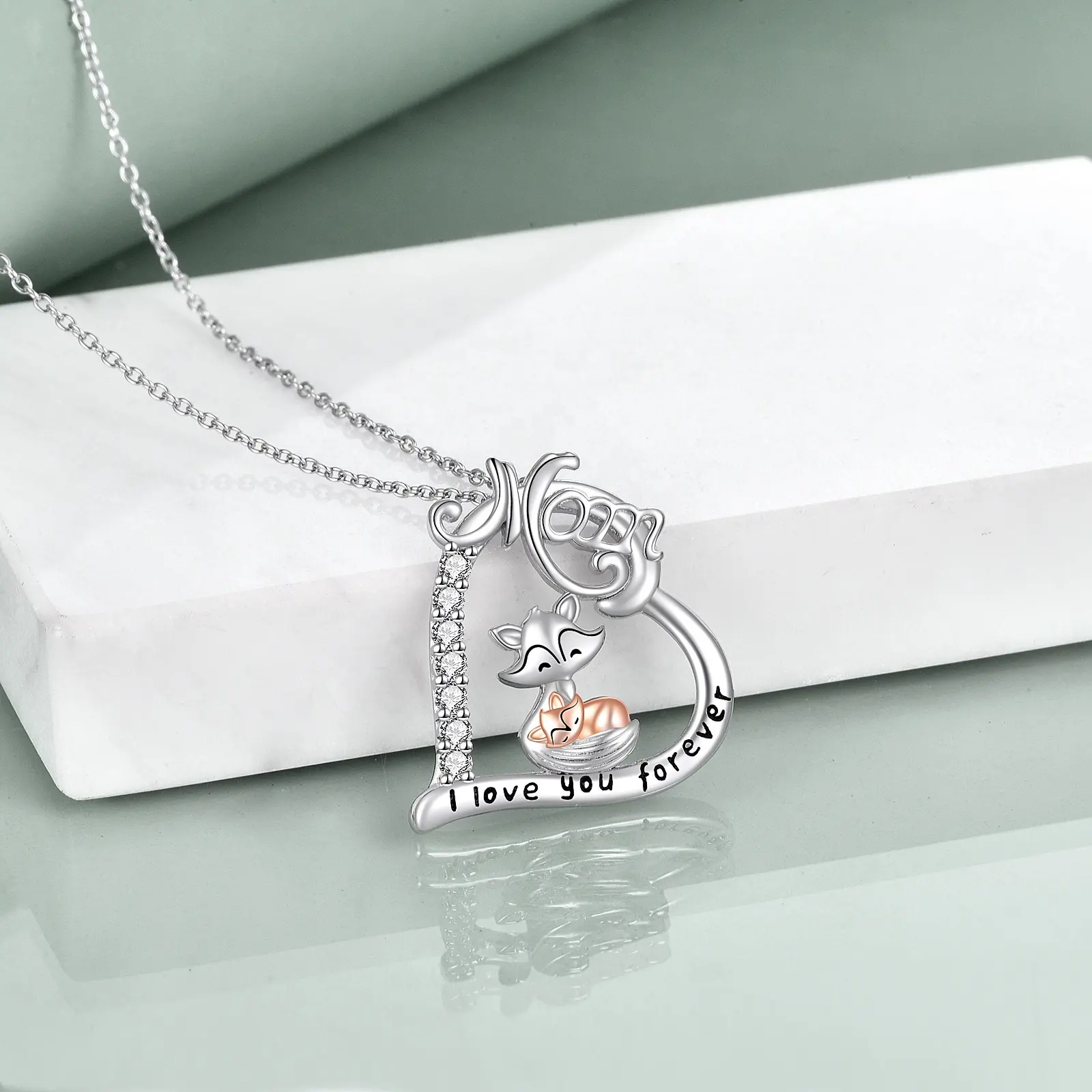 White Rose Gold Plated S925 Fox Animal Jewellery Cute Cubic Zirconia Heart Necklace For Women Daughter Mom Girls