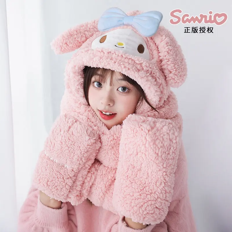 3pcsCinnamoroll My Melody Plush Gloves Scarf Hat Three Piece Set Kawaii Anime Y2K Sweet Girl Warm Clothing
