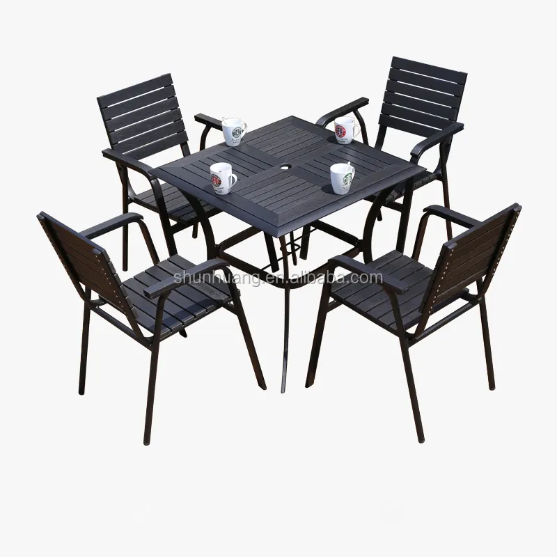 Modern plastic wood 4 seater table set 5PCS wooden outdoor furniture