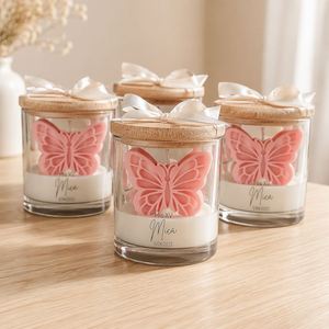 MW Pink Butterfly Handmade Art Scented <b>Candle</b> in Glass Jar with Wooden Lid and Ribbon Cute Home Decor - Product Image 2