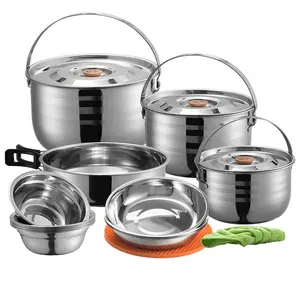 Camping Cookware Eight-Piece Outdoor Camping Stainless Steel Cookware Set Portable Exquisite Packaging Non Stick Cookware Set