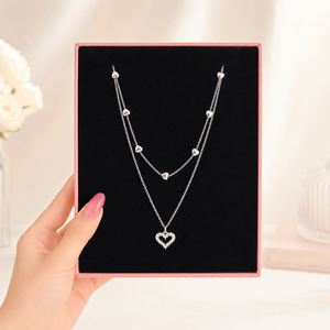 New Fashion Alloy Heart Pendant <b>Necklace</b> <b>Double</b> Layered Rhinestone Diamond Zircon Claw Setting US Anniversary Jewelry - Product Image 3