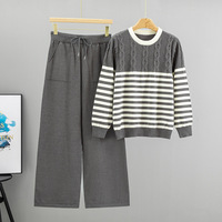 Femmes nouveau à la mode décontracté deux pièces ensemble élégant rayé pull pull automne hiver à la mode lâche torsion pantalon large