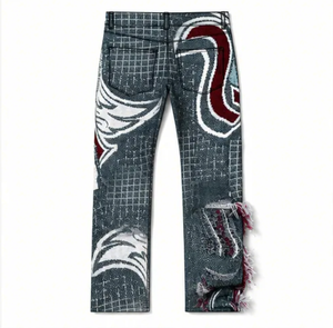 WangSheng Jeans de mezclilla para hombre con estampado de rejilla, bordado de llamas abstractas, dobladillo deshilachado, pierna recta, estilo Y2K Punk Streetwear Grunge Mid - Product Image 4