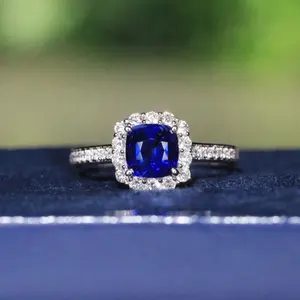 New luxury gemstone jewelry set in 18K white gold with true natural diamond lab-grown blue sapphire ring for women