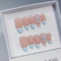 Flores Azul Verdoso en el Agua, Elegantes y Tridimensionales, con una Sensación de Frescura. Uñas Postizas Hechas a Mano