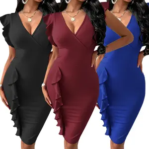Drop shipping fashion solid color bodycon summer clothes sexy lady dress ruffles V neck wrap dress