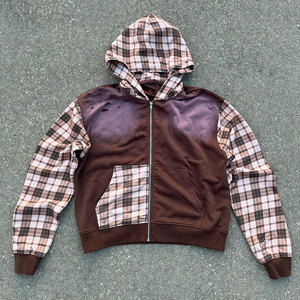 Huili Maßgeschneiderter Dicker Baumwoll-Streetwear Vintage Gewaschener Sonnengebleichter Hoodie für Herren Zweifarbiger Karierter Distressed Reißverschluss-Hoodie - Product Image 3