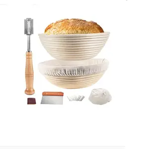 Giỏ Đựng Bánh Mì Bằng Mây Banneton Tròn Trơn Tru 9/10 Inch Với Linner & Nhựa Dough Scrape & Bánh Mì Lame & Stprint