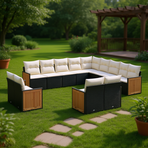 Ensemble de canapés de jardin en rotin noir avec coussins crème, mobilier d'extérieur au design contemporain, résistant à l'eau et aux UV, en rotin PE - Product Image 2