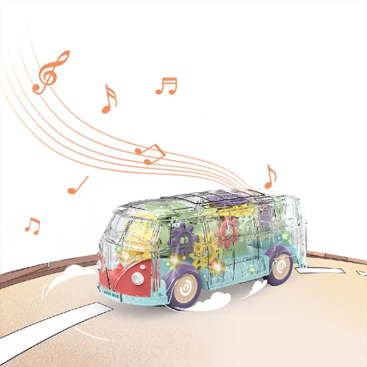 Novidade Brinquedo Elétrico Piscando Luz B/O Transparente Rotação Transparente Engrenagem Ônibus Universal Concept Car Toy Com Música