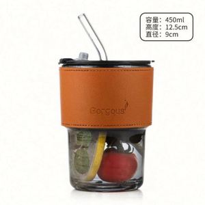 Mug à café en verre imprimé avec logo créatif, avec paille et étui en cuir, réutilisable et portable pour les employés de bureau et les étudiants, couleurs personnalisées - Product Image 3