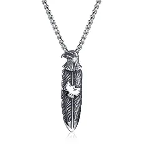 New Trend Retro Hip Hop Eagle Head Feather Stainless Steel Pendant Men's Necklace