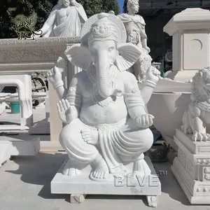 BLVE Indische Religionen Weißer Stein Schnitzen Lebensgröße Hindu Gott Garten Lord Ganesh Statuen Marmor Skulptur Statue