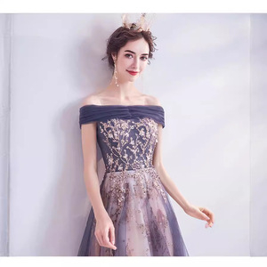Purple Off-Shoulder Tulle Ball Gown Dress With Floral Embroidery For Evening Parties Weddings - Product Image 4