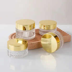 Luxury Round Clear Empty Glass Cosmetic Cream Jar 30g 50g Gold Lid Facial Cream Jar Skincare Moisturizer Bottle Container