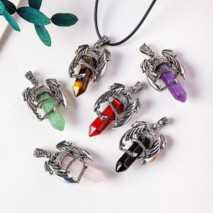 Pendentif Dragon en Cristal de Guérison, Améthyste Naturelle et Quartz Rose, Collier Tour Hexagonale à Double Pointe pour Bijoux Chakra, Vente en Gros - Product Image 4