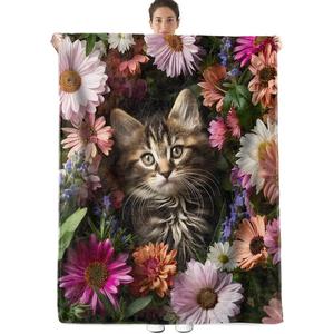 Assorted Print <b>Cat</b> Floral Flannel Blanket Throw Blanket Nap Blanket Fade Resistant Lightweight for Home Office Nap Custom Print - Product Image 1