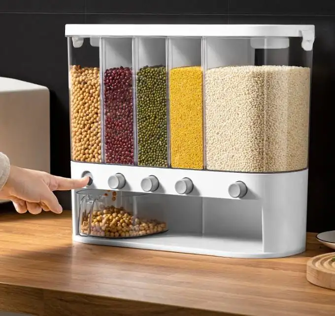 One Stop Shopping Plastic Cereal Dry Food Storage Containers Kitchen Wall Mounted Rice And Grain Storage Dispenser Storage Box