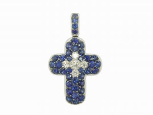 Colgante de Cruz Plateado con Cristales Azules Zafiro y Piedra Central Transparente, Joyería Brillante - Product Image 1