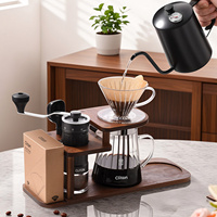 Set Pembuat Kopi Pour Over, Penggiling Kopi Manual, Teko Gooseneck 600ml, Dripper, Server Kaca, Alas Kayu Akasia, Hadiah untuk Seduh Kopi di Rumah