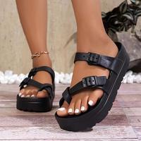 Sandalias de Plataforma Negras con Dos Hebillas y Punta Abierta, Ajustables, con Logotipo Personalizado, para Mujer, Moda Contemporánea de Verano