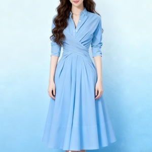 เดรสลำลองแขนยาวสีพื้นผูกเอวทรงเข้ารูปคอปกสำหรับฤดูร้อนแฟชั่น - Product Image 1