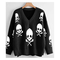 2025 New Trend Fashion Einfache Halloween Schädel Muster Jacquard V-Ausschnitt Loose Pullover Sweater