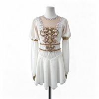 Robe de patinage artistique blanche pour enfants et adultes, en maille, manches longues, avec bordure dorée et strass au dos, pour compétition et spectacle de patinage sur glace