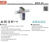 Alimentation à découpage AC-DC sur rail DIN série Mean Well WDR, large plage de tension d'entrée, 60W/120W/240W/480W, sortie simple 24V, haute efficacité 89%