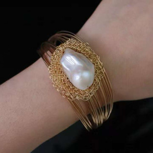 14K Gold Filled Handmade <b>Cuff</b> <b>Bracelet</b>, Heavy Craft Natural Baroque Freshwater Pearl Bangle with Bright Luster Jewelry factory - Product Image 1