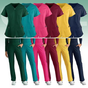 Women Hospital Scrub Set Short Sleeve V Neck Moisture Wicking Uniforms For Nurses Doctors Lab Workwear Rose Red Dark Green Navy - Product Image 1