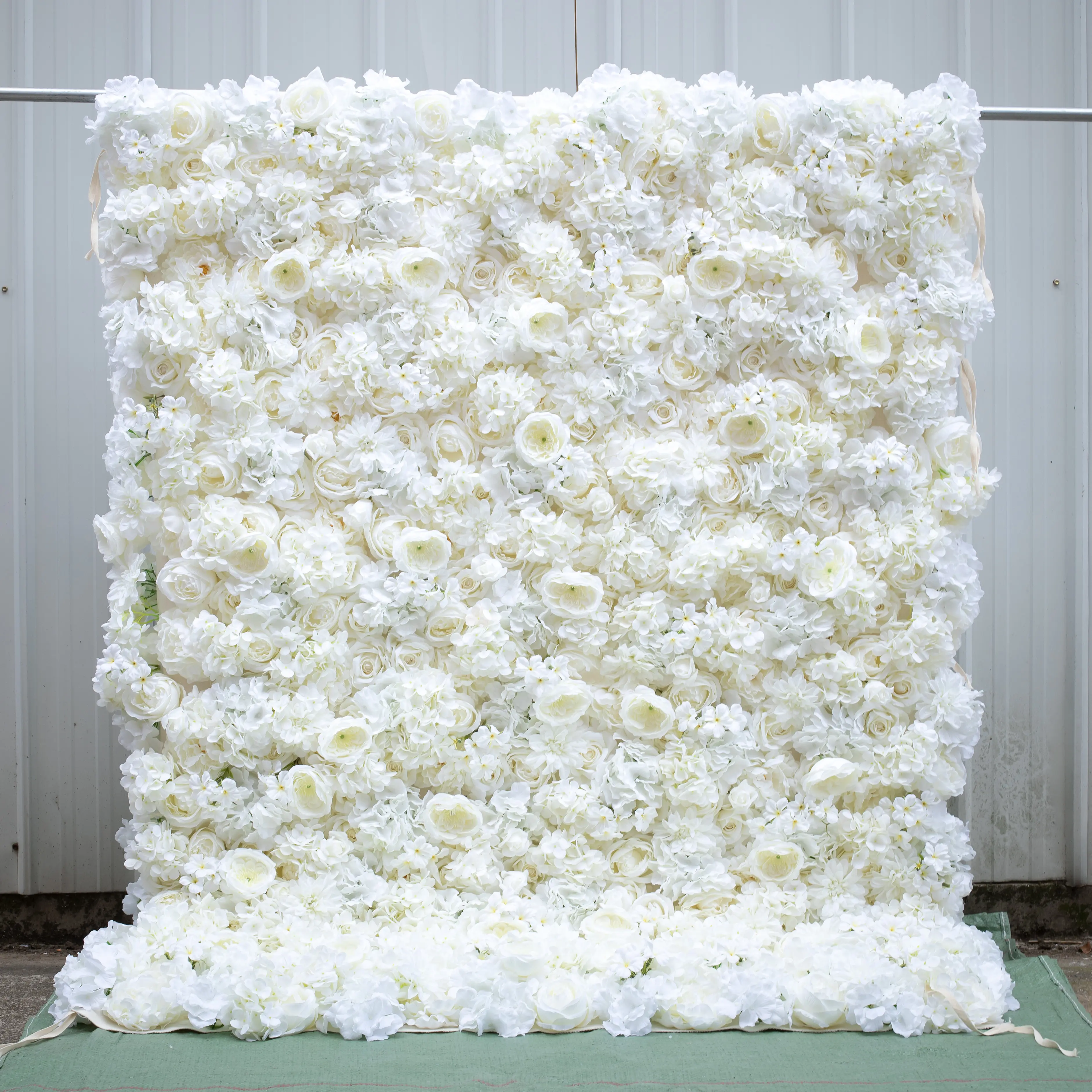 Flores artificiales blancas 3D de alta calidad de 8x8 pies, decoración de pared, cortina enrollable, telón de fondo para decoración de eventos de boda