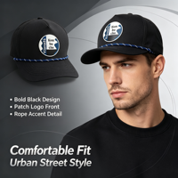 Casquette de baseball noire respirante avec logo personnalisé en PVC et caoutchouc, décor en corde tressée et découpe laser