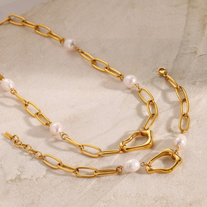 Collar de Perlas de Acero Inoxidable con Colgante de Corazón, Juego de Joyería con Cadena Dorada, Accesorio de Moda para Regalo - Product Image 2