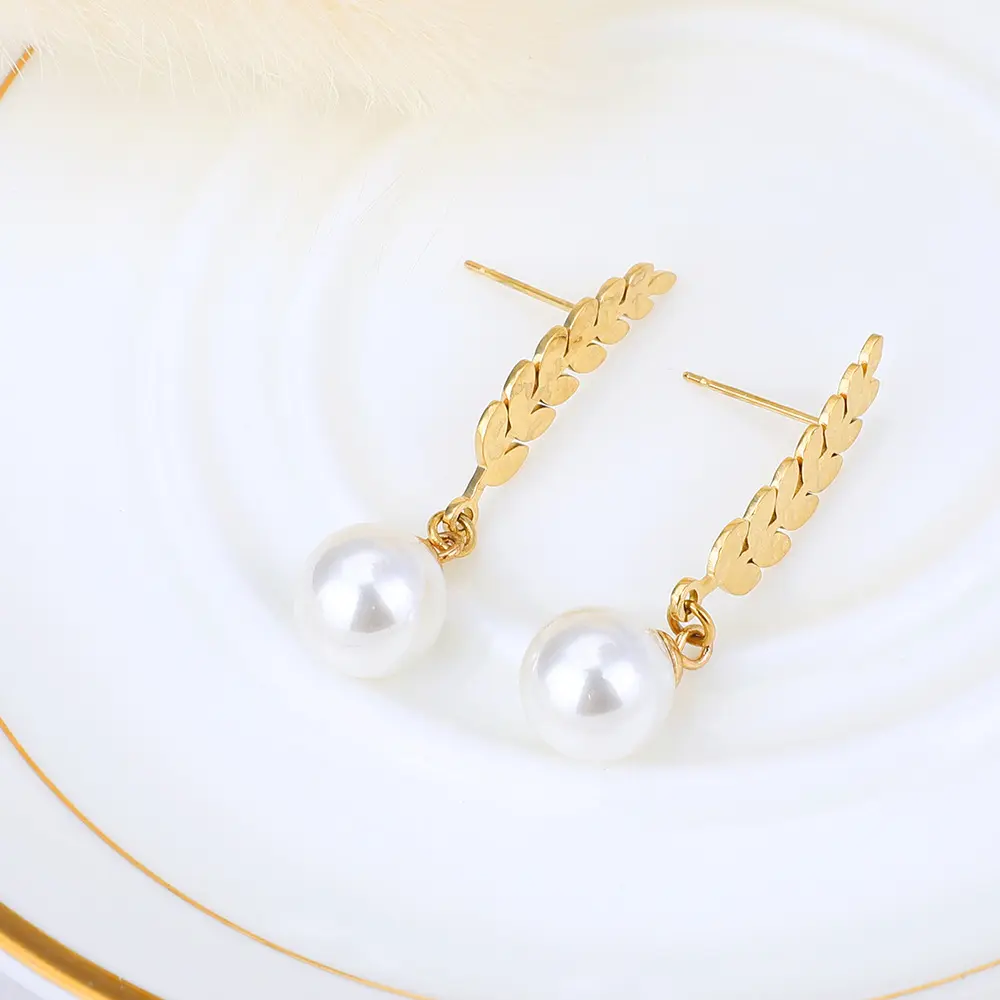 New Titanium Gold Stud Women Earrings Wheat Pearl Short Stainless Steel Earrings For Teen Girl Gifts
