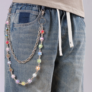โซ่คาดเอวสองชั้นประดับลูกปัดหลากสี โลหะผสมสังกะสี รูปทรงเรขาคณิต สำหรับผู้ชาย สไตล์ฮิปฮอป ใช้กับกางเกงยีนส์ - Product Image 1