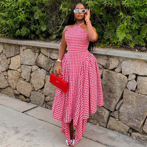 Wholesale Gingham Check Halter Midi <strong>Dress</strong> Sleeveless High Neck Fitted Waist Asymmetric <strong>Hanky</strong> <strong>Hem</strong> Casual Vacation <strong>Dress</strong> - Product Image 3