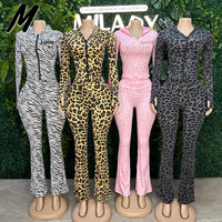 Ensemble tendance pour femme Milady, imprimé léopard, sweat à capuche zippé et pantalon évasé, deux pièces, style streetwear, logo personnalisable
