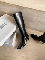 Stivali Invernali da Donna in Camoscio con Punta Quadrata e Tacco Grosso da 7 cm, Suola in Gomma, Modello Slip-On