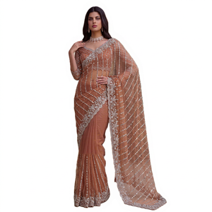 Sari de designer RN, magnifique sari en tulle marron avec broderies argentées et perles, longueur ras du sol, pour mariage et soirée, style Bollywood pour femme - Product Image 1