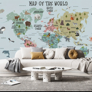 Mural de Pared con Mapa del Mundo Art Deco y Animales, Diseño Geométrico Personalizado, Impresión por Transferencia de Calor, Educativo, para Hoteles y Restaurantes - Product Image 4