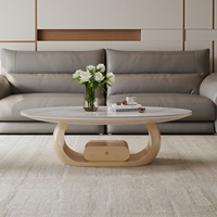 Table basse ovale moderne pour petit appartement, en bois massif avec plateau en dalle de roche, rangement intégré, mobilier de salon design, luxe léger