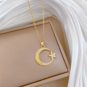 Collar con Colgante <span class=keywords><strong>de</strong></span> Estrella y Luna con Circonitas Incrustadas, Brillante y Elegante, para Mujer, Cadena <span class=keywords><strong>de</strong></span> Eslabones Chapada en Oro <span class=keywords><strong>de</strong></span> 18K, Joyería <span class=keywords><strong>de</strong></span> Lujo para Bodas - Product Image 4