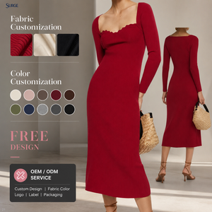 <span class=keywords><strong>Robe</strong></span> de soirée moulante mi-longue pour femme, personnalisée, de haute qualité, rouge, en polyester côtelé, avec col cœur festonné et manches longues - Product Image 1
