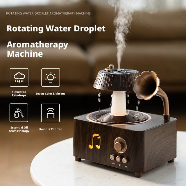 Retro phonograph aroma diffuser automatic fragrant rotating water drop colorful White noise desktop raindrop humidifier
