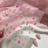 Autocollants 5D Papillon Tulipe Rose pour Ongles, Décalcomanies Florales Printanières Auto-adhésives, Slider de Manucure Imperméable pour Ongles à Presser DIY